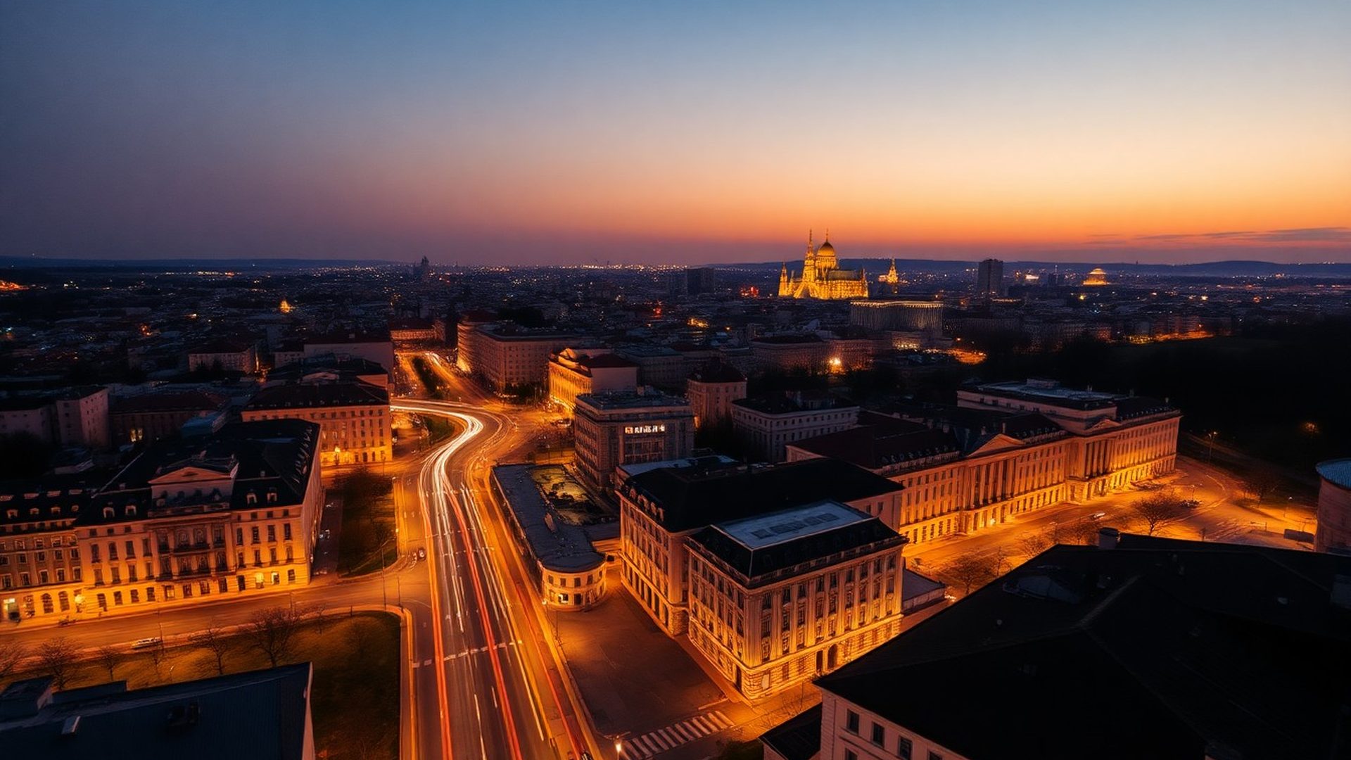 Vedere aeriană a orașului la apus, atmosferă calmă și editorială