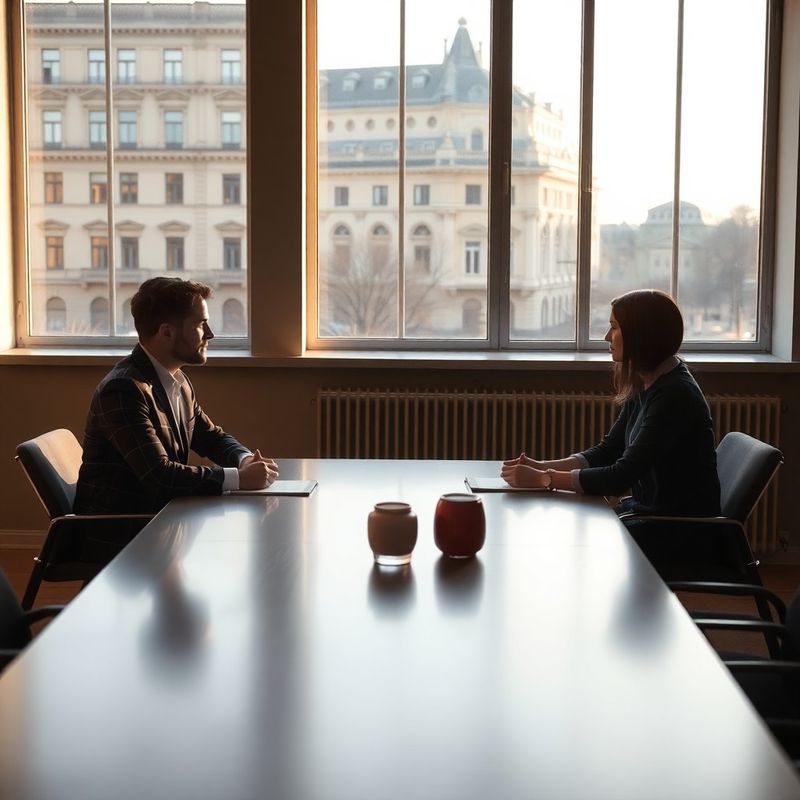 Doi profesioniști într-o conversație liniștită la o masă de conferință minimalistă